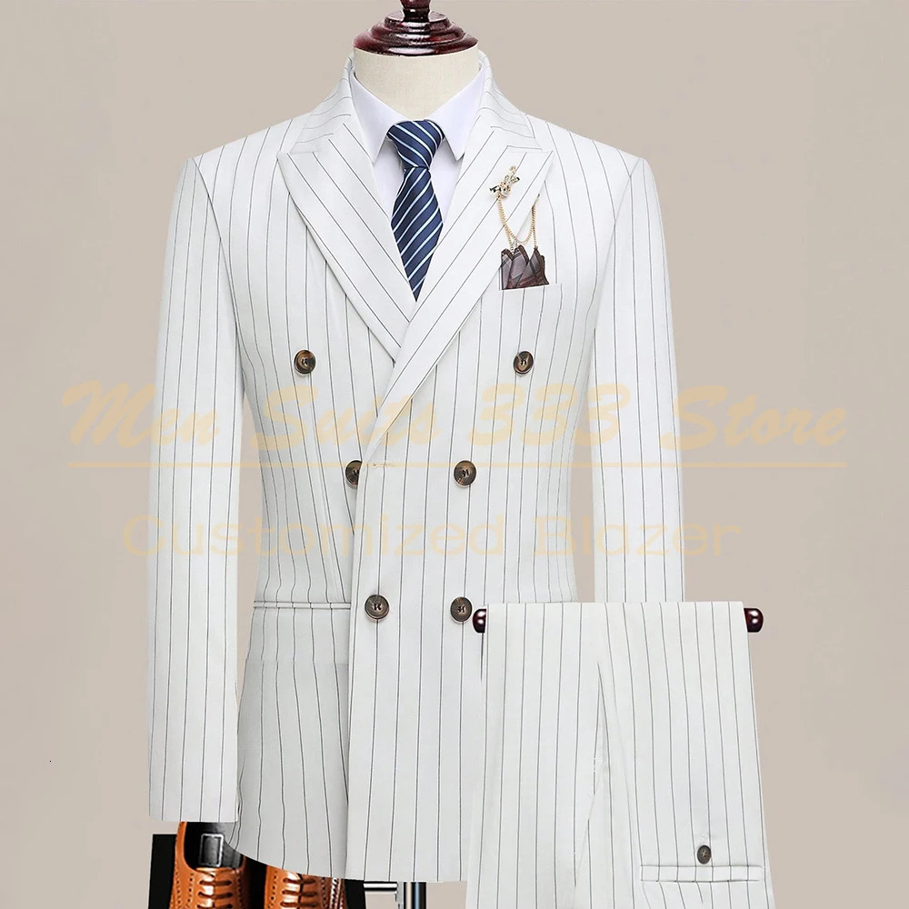 White Pinstripe Mens Suits High Quality 2 Piece Jacket Pants Outfit Fashion Double Breasted Lapel Slim Fit Clothing 250922