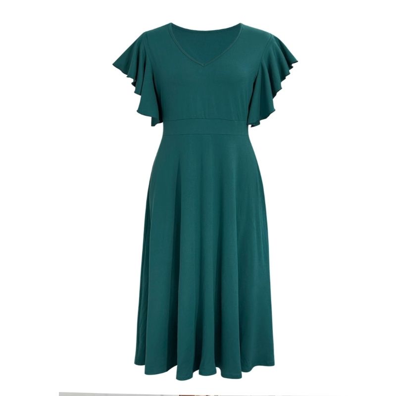 Women's Plus Size French Style Dress Peacock Green Milk Silk V-Neck Flounce Sleeve A-Line Dress 1XL-5XL Wholesale-YL25394