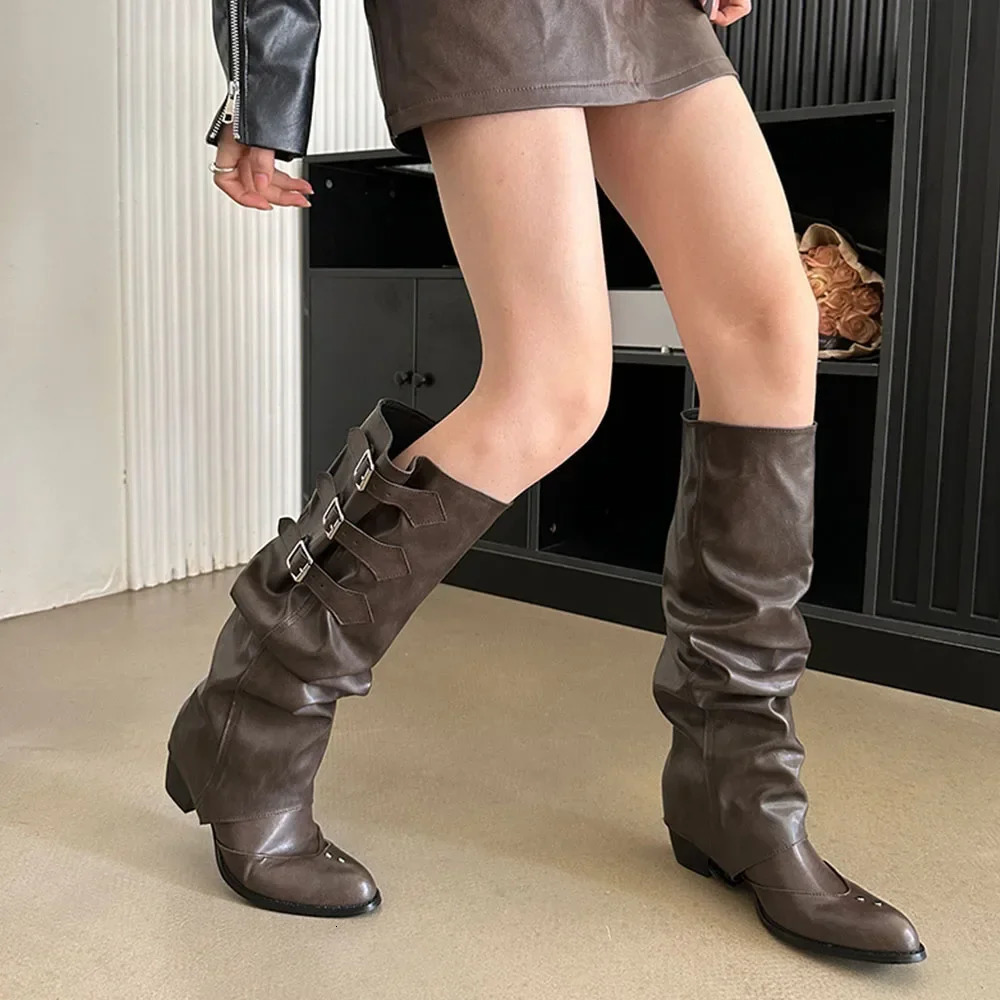 High Quality Punk y2k Gothic style Vintage Motorcycles Western Boots for Women Black Rivets Knee High Boot Shoes 250930