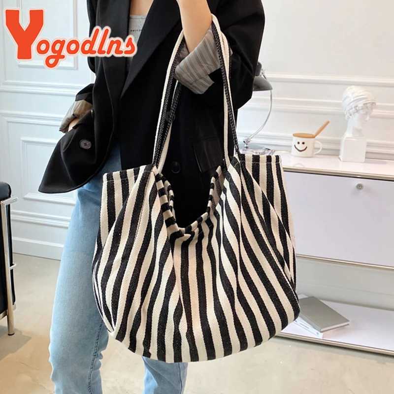 Large Capacity Canvas Bag for Women Fashion Striped Shoulder Bag New Tophandle Bag Travel Bag Shopping Tote BolsaT251007
