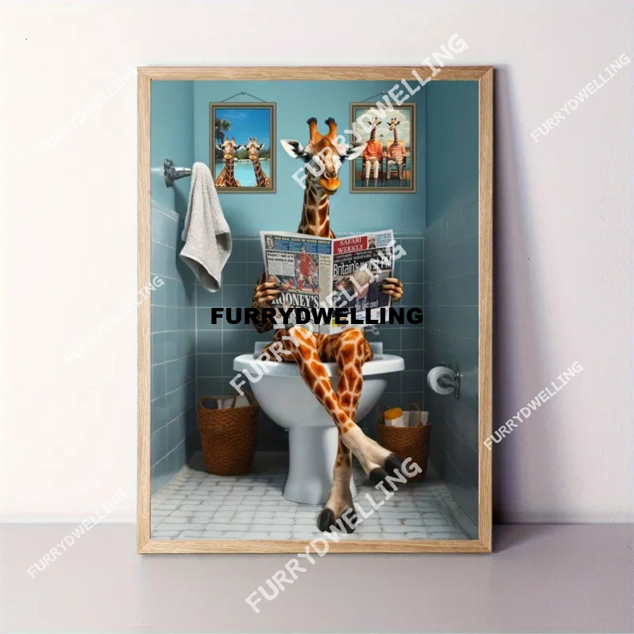 2025 Funny Giraffe Reading Newspaper In Dwe74 Toilet Canvas Poster - Frameless Home, Office And Cafe Decorative Wall Art
