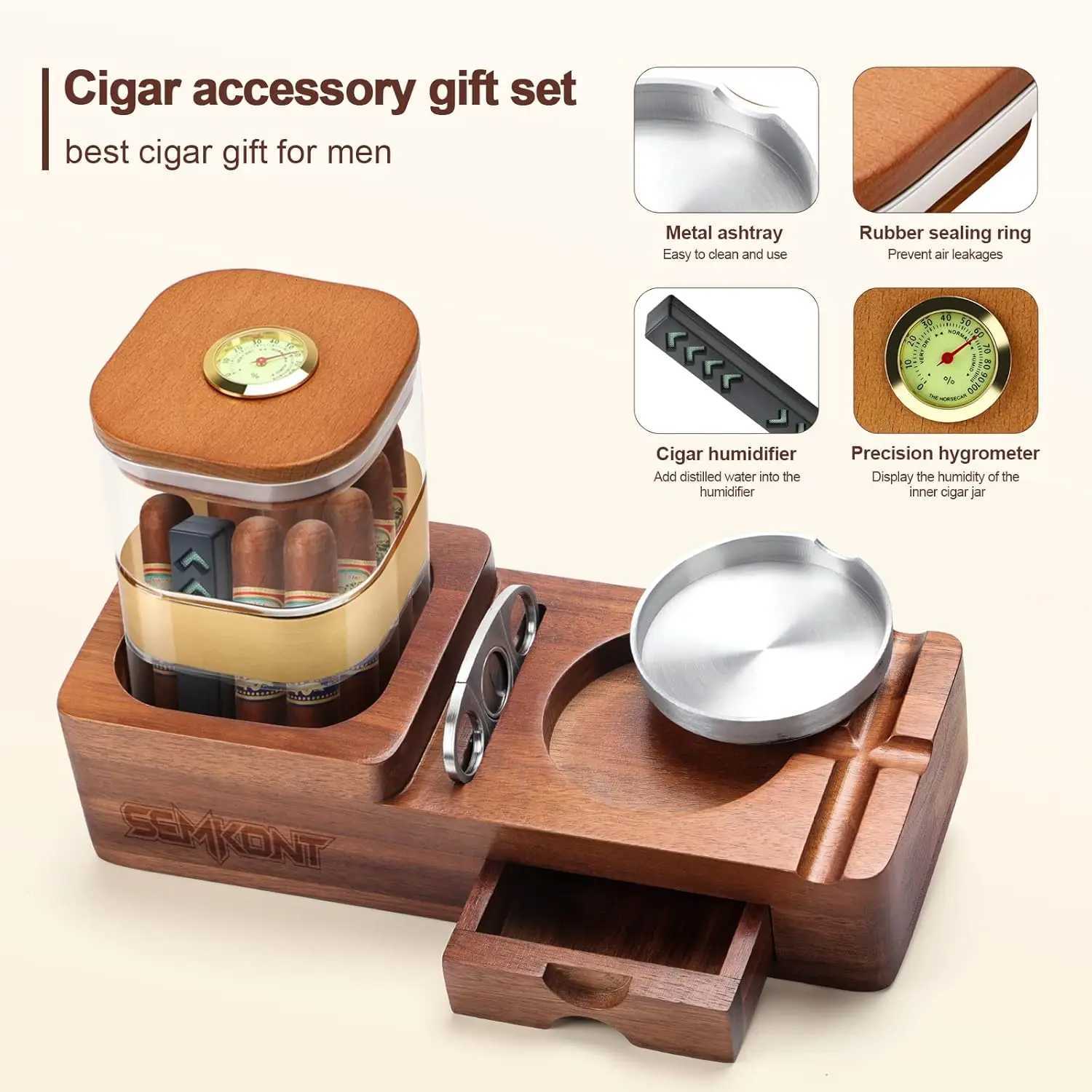 Wooden Cigar Humidor Set Ashtray Cutter Holder Drawer and Cigar Accessories for Home and Office Y251008