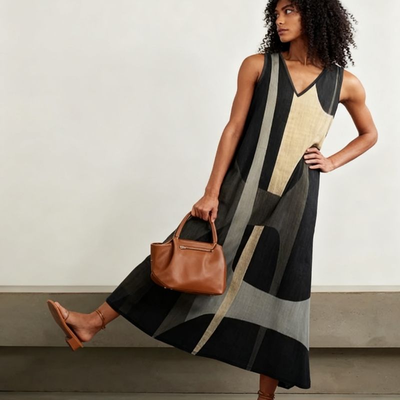 Women's Plus Size V-Neck Vest Dress Geometric Print Milk Silk Midi Dress Casual Office Wear-YL25405