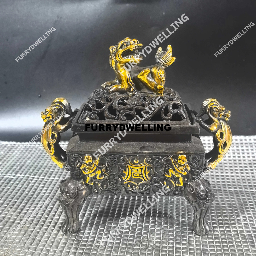 Antique Gilded Lion Cover Square Dwe74 Incense Burner Home Living Room Crafts Ornaments Vintage Bronze