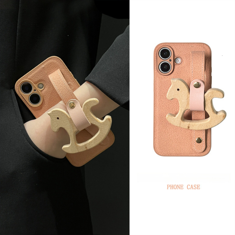for iPhone 17 Pro Max Case with Wrist Strap Pink Moon Crater Pattern Wooden Horse Design with Adjustable Wristband Kickstand Shockproof TPU Protection