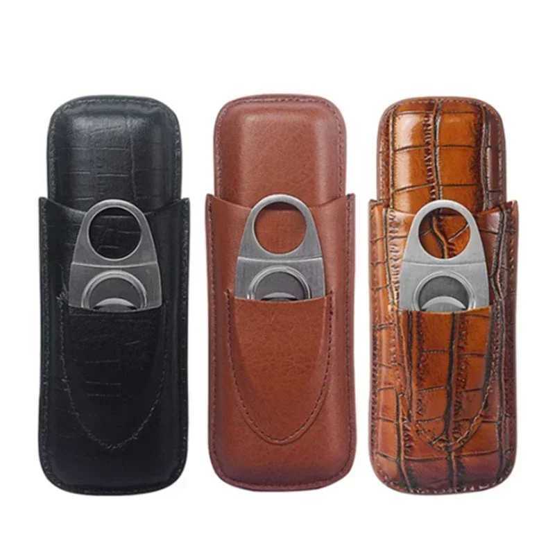 New Portable Leather Cigar Case with Silver Cigar Cutter Mini 2Tube Leather Case for Cigars Suitable As Holiday Gift for Friends Y251008