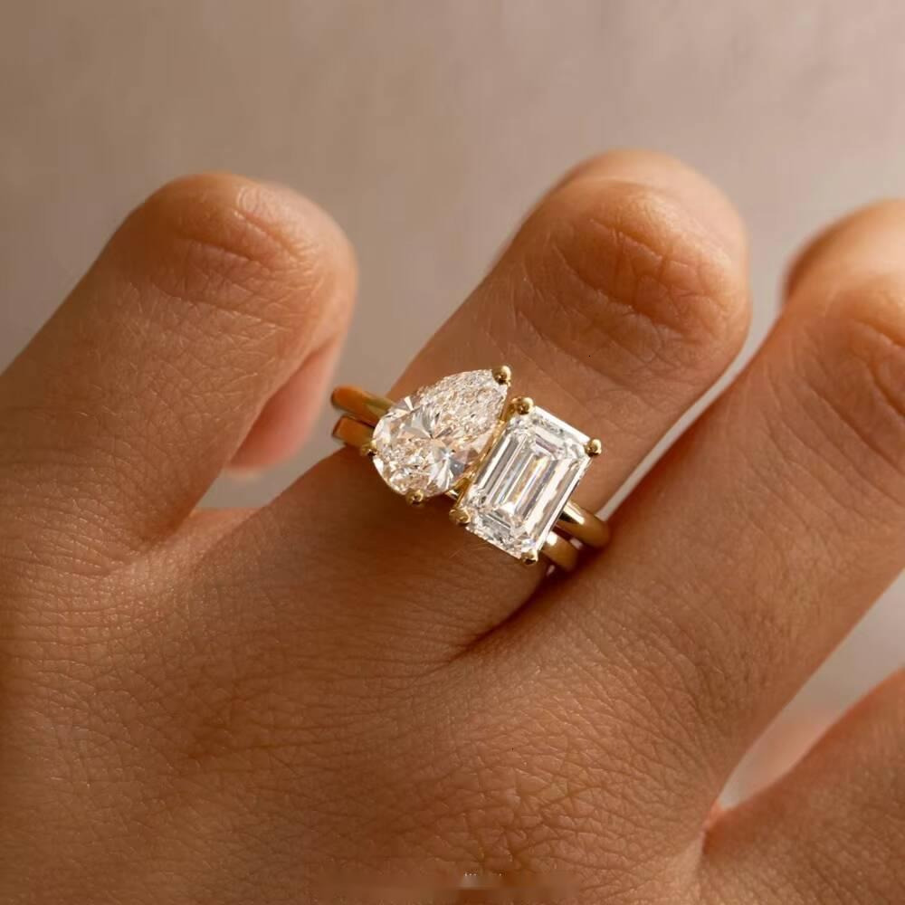 Custom MOI ET TOI Style 2CT Pear Octagon Moissanite 18K Gold Yellow Wedding Engagement Ring Fine Jewelry Women Fine Rings