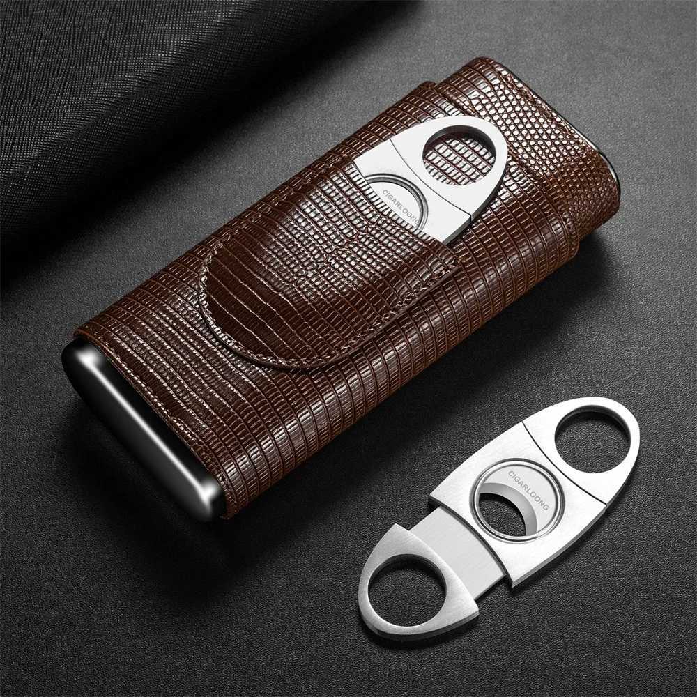 3pack Cigar Case Luxury Portable Leather Holder Box Storage with Stainless Steel Sharp Cigar Cutter Smoking Accessories CH24FA Y251008