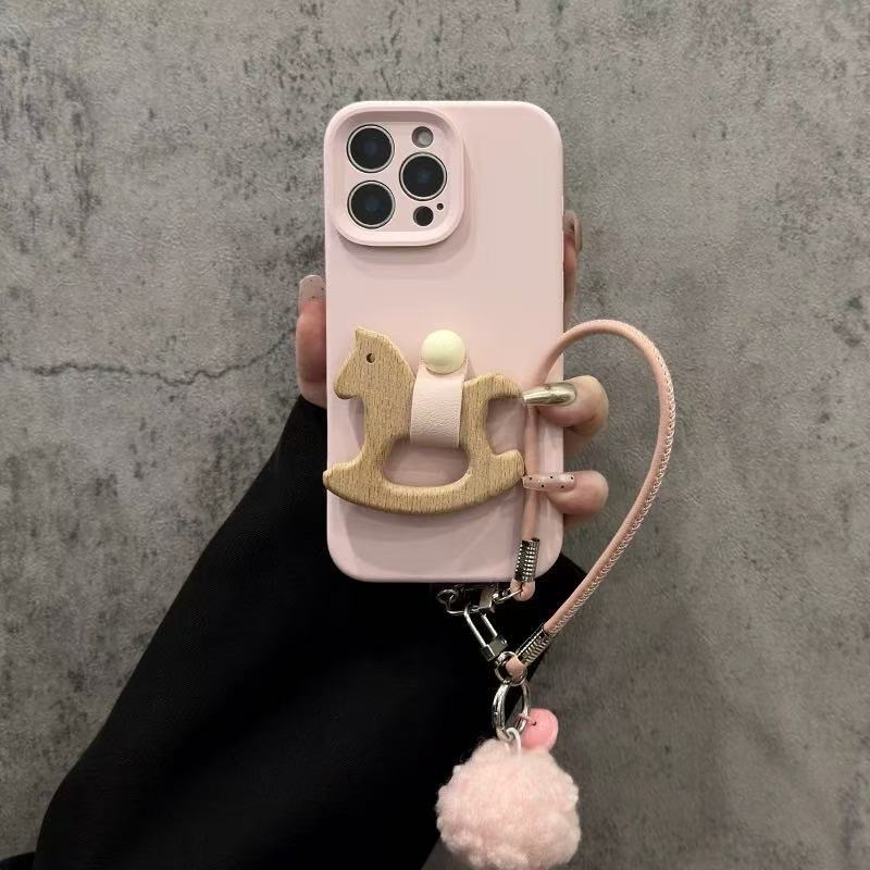 for iPhone 17 Pro Max Case with Wooden Horse Grip Kickstand Leather Touch Comfortable Handcrafted Cover for iPhone Phone Case