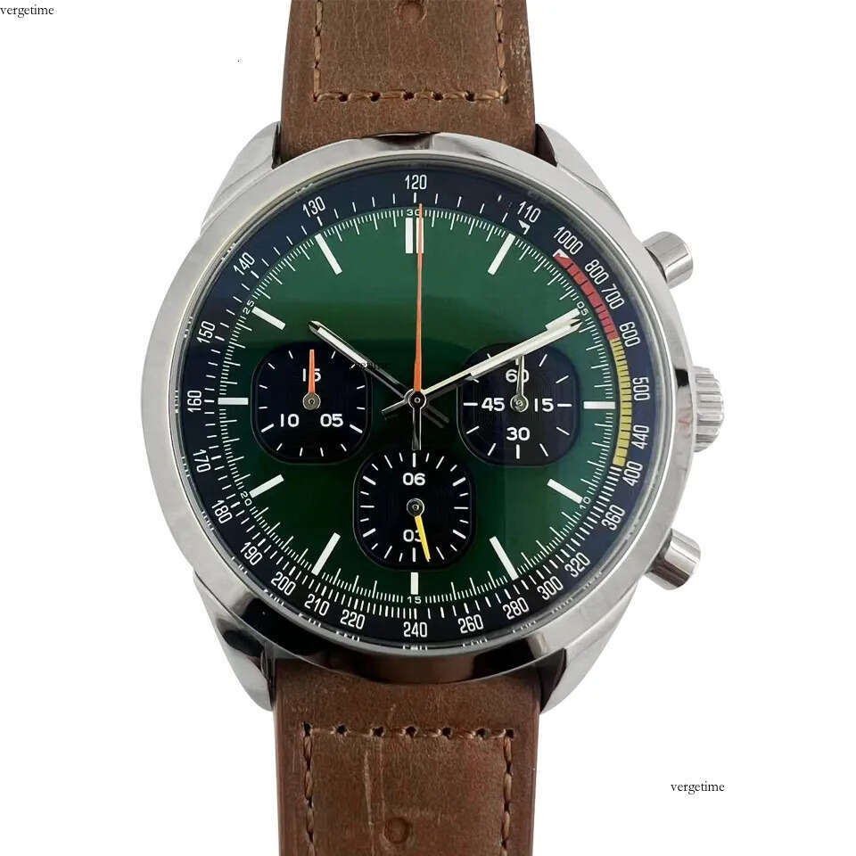 AAA Mens Watch Top Racing dial Quartz movement Green face Brown leather strap Designer 46mm Male wristwatch 5 Colors