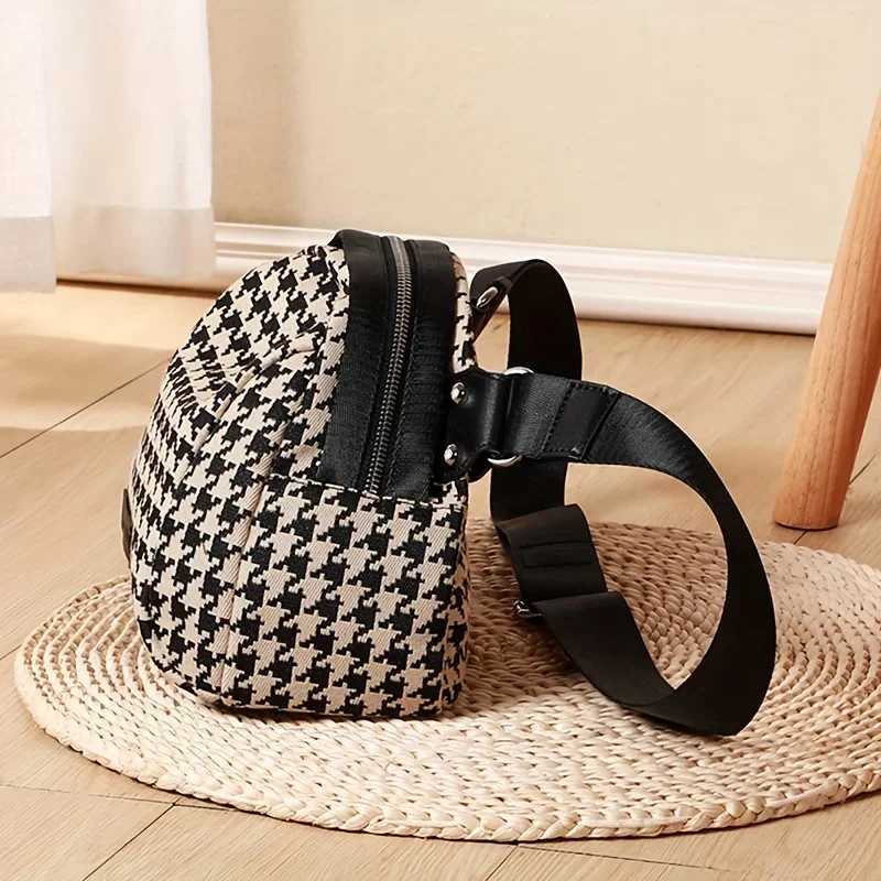 Versatile Houndstooth Canvas Bag for Women Adjustable Strap Secure ZipEmbroidered Detail Perfect for Travel Daily Use Chest BagT251007
