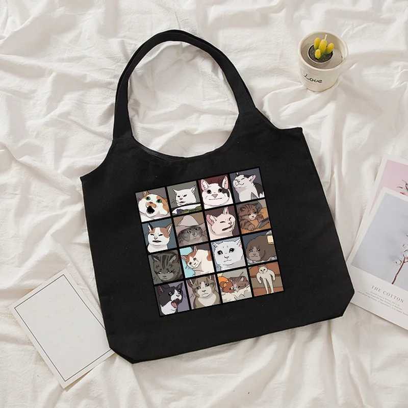 Cat Meme Shopping Bag Graphic Tote Harajuku Shopper Bag Women Canvas Shoulder Bag Eco LargecapacityT251007