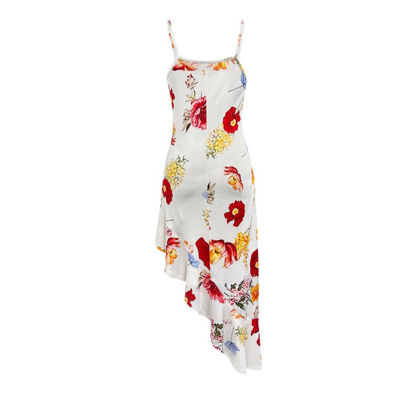 Women's Floral Print Milk Silk Slip Dress Asymmetric Hem Ruffle Trim Vacation Maxi Dress Multi-color-CF52751