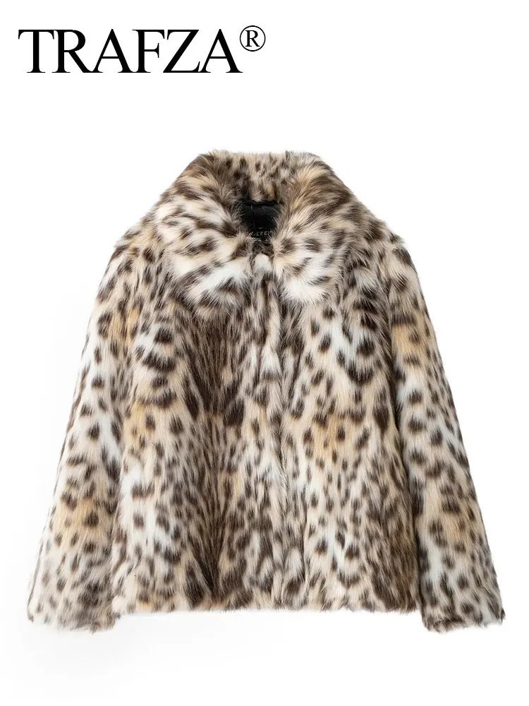 HH Woman Lapel Long Sleeves Side Pockets Casual Coat Women Winter Leopard Print Faux Fur Loose Slim Warm Mujer 251106