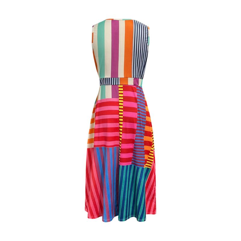 New Spring and summer fashion vacation style sleeveless vest dress with colorful striped prints, loose milk silk long dress for women, starting from o