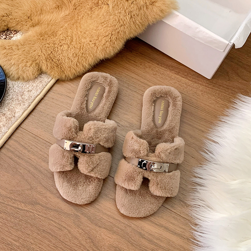 free shipping designer shoes New autumn winter fashion flat bottom fluffy slippers casual versatile suitable for outdoor wear and home shoes