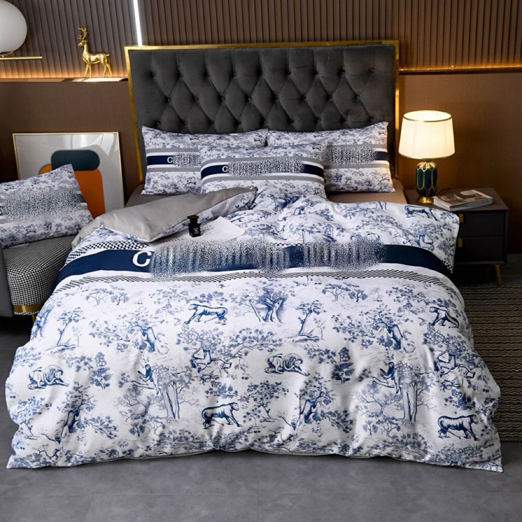 Designer king size bedding sets 4pcs/set navy printed queen size duvet cover bed sheet 2 pillowcases king silk comforter covers