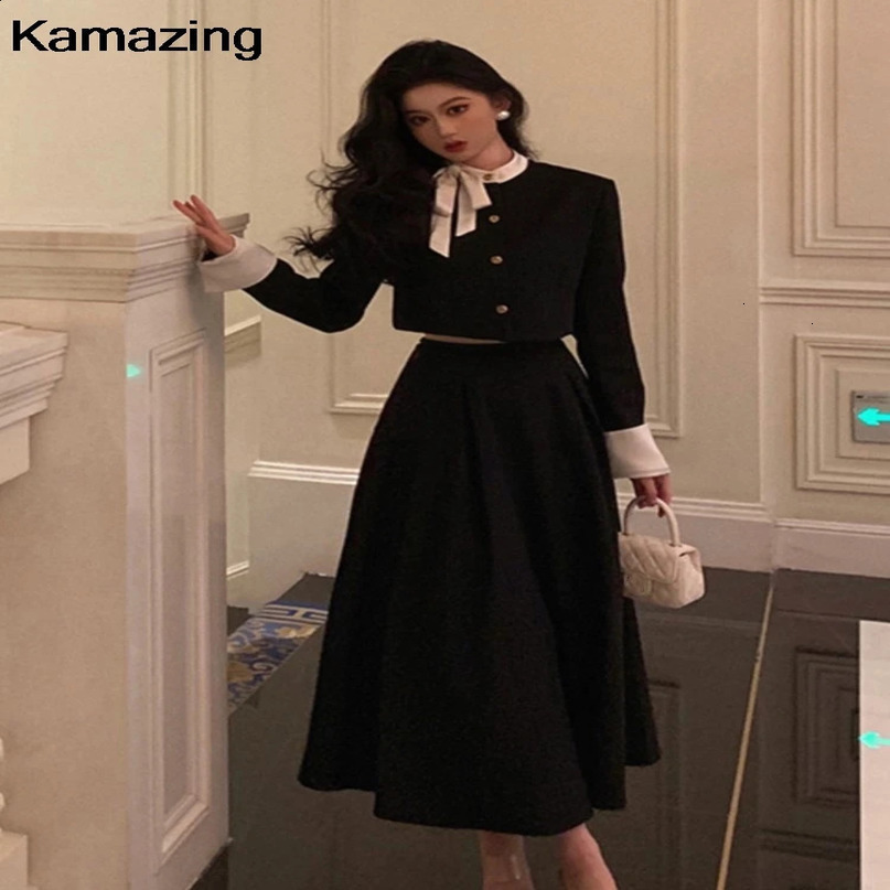 Women Elegant Korean 2 Piece Set Autumn Trend Lace Up Single Breasted Blazer Hight Waist Skirt Suit Office Lady Black Outfits 240727wtt