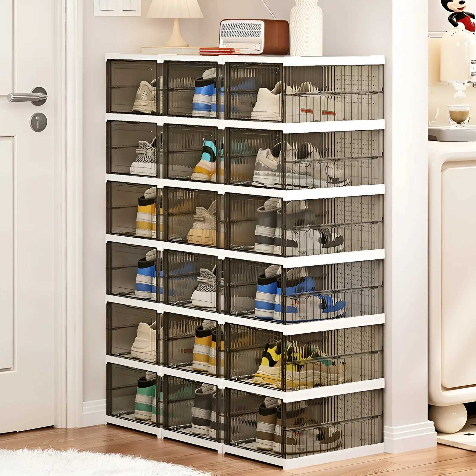 Clear Shoe Storage Box No Assembly Stackable Drop Front Shoe Organizer Storage Bins Allinone Free Standing Shoe Cabinet C251008