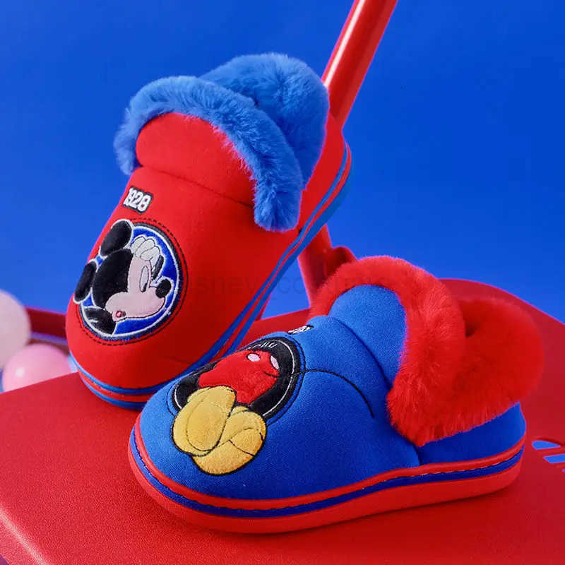 Disney Home Shoes Slipper For Childrens Mickey Mouse Winter Warm Cotton Red Blue Nonslip Indoor Shoes For Kids Size 1518cm H251008
