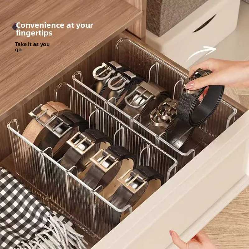 Belt Storage Box Household Compartment Organizer Tie Display Rack Transparent Desktop Storage Case for Mens Belt and Accessories C251008