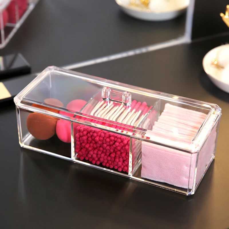 1pc Transparent Cosmetic Storage Box Acrylic Make Up Organizer Three Grid Cotton Swab Cotton Pad Storage Box Home Organization C251008