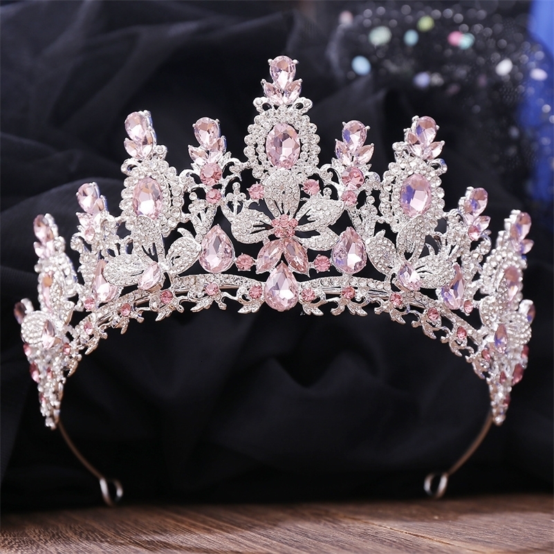 Silver Color Pink Opal Royal Queen Wedding Crown Rhinestone Crystal Bridal Diadem Pageant Headdress Bride Tiara Hair Accessories 250929