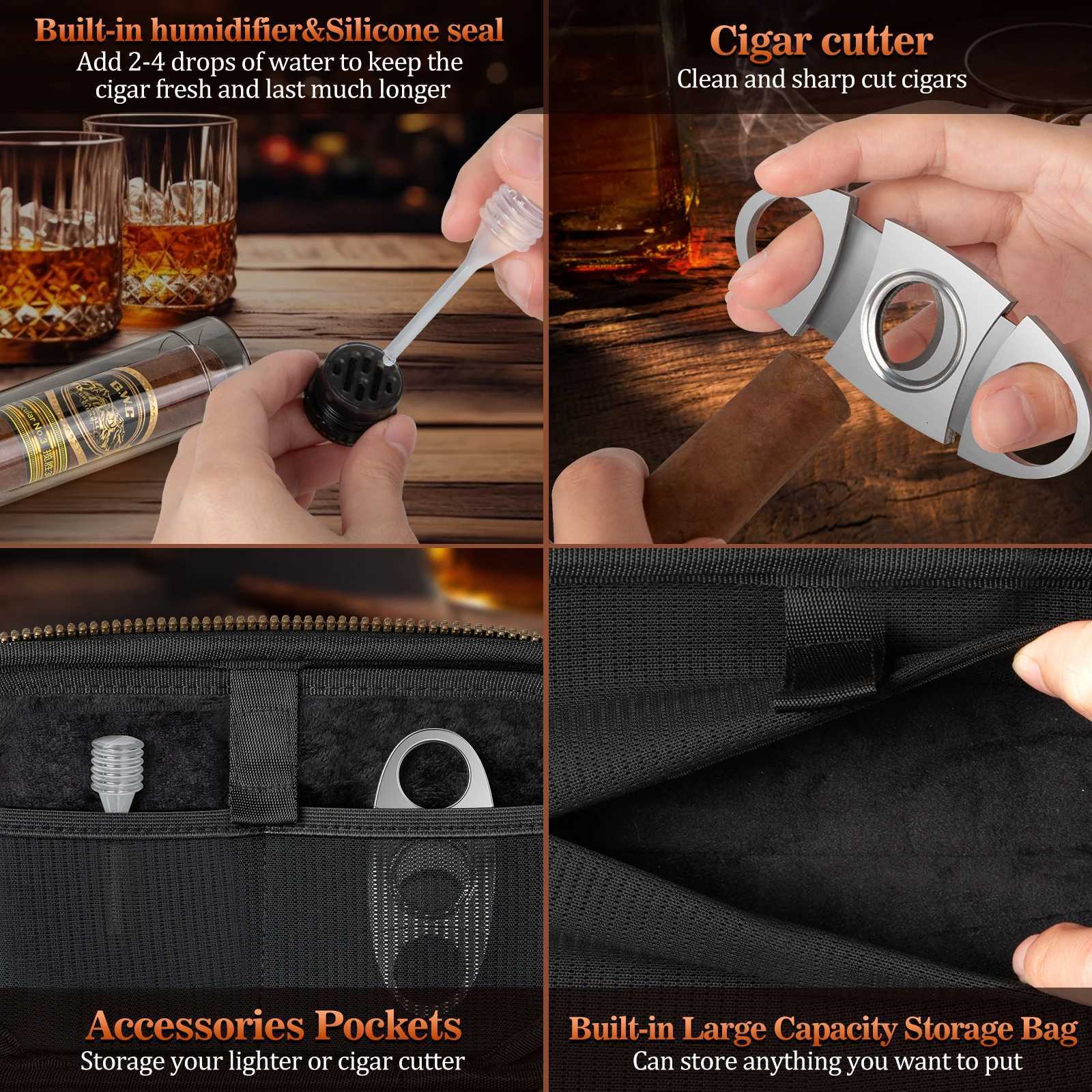 Travel Cigar Humidor Portable with 4 Cigar Tube Leather Cigar Case Include VCutter Cigar Accessories Gift for Cigar lovers Y251008