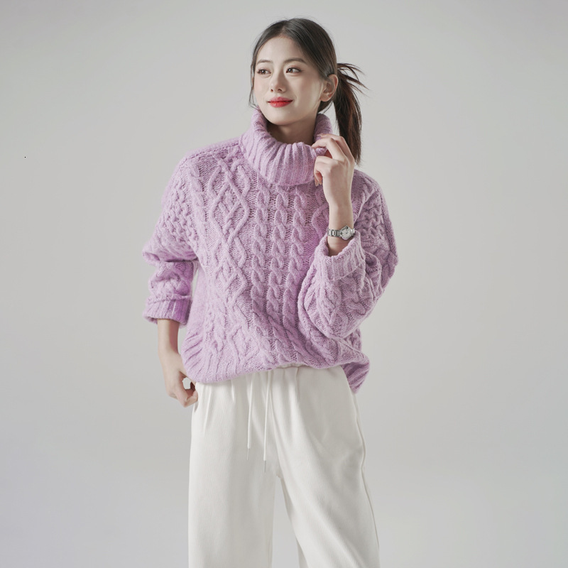 Casual Woman Purple Furry Ball Sweater Fashion Ladies Autumn Soft Mock Neck Knitwear Female Sweet Solid Color Knit Top 210515