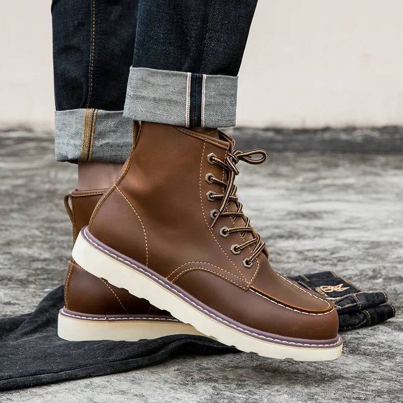 Vintage British Casual Men Shoes Handmade Autumn Winter Snow Plush Warm Ankle Round Toe Motorcycle Boots Cow Leather