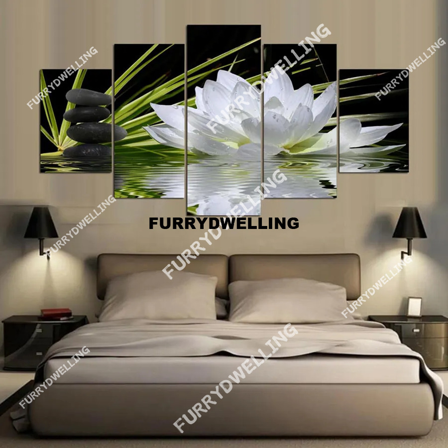 Modern Home Wall Art Decoration Framless Modular Pictures 5 Pieces White Lotus Flower Dwe74 Water Cobblestone HD Printed Canvas Paintings