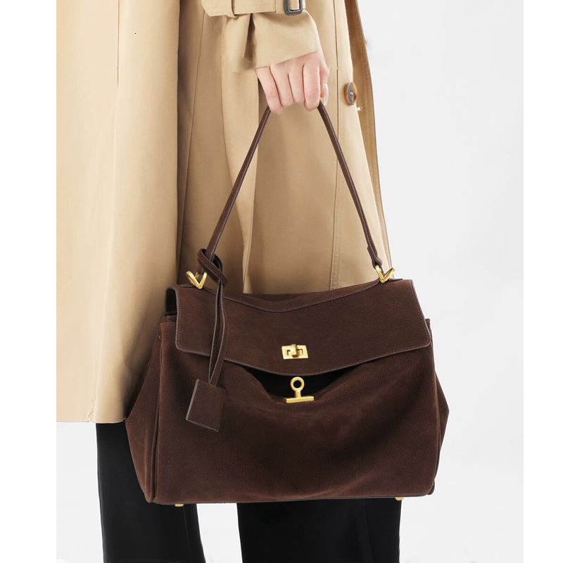 Suede Genuine Leather Kelly Bag Underarm Bag Womens Highend Niche Secondhand Handbag Large Capacity Tote Bag 250903
