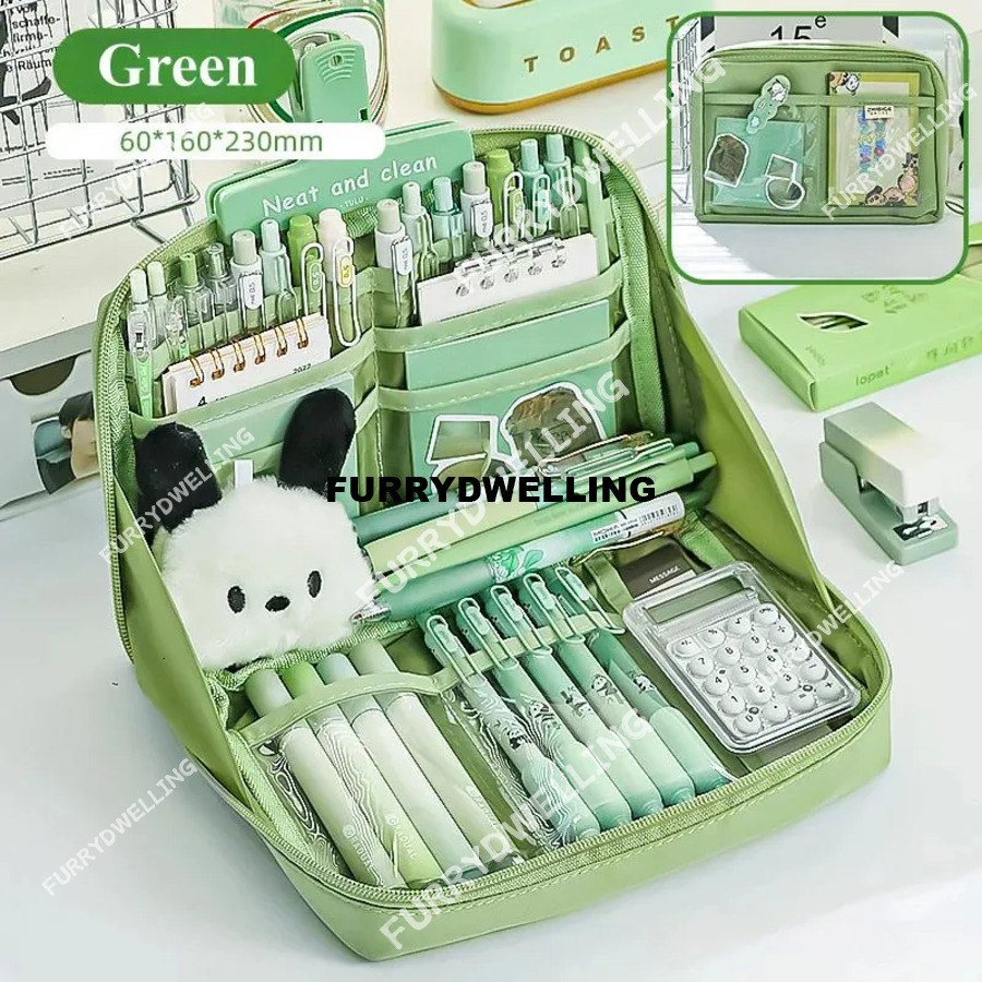 Wholesale Multilayer 90° Open Dwe74 Pencil Case Large Capacity Green Student Cloth Pen Bags School Stationery Organizer Supply Pouch 241029