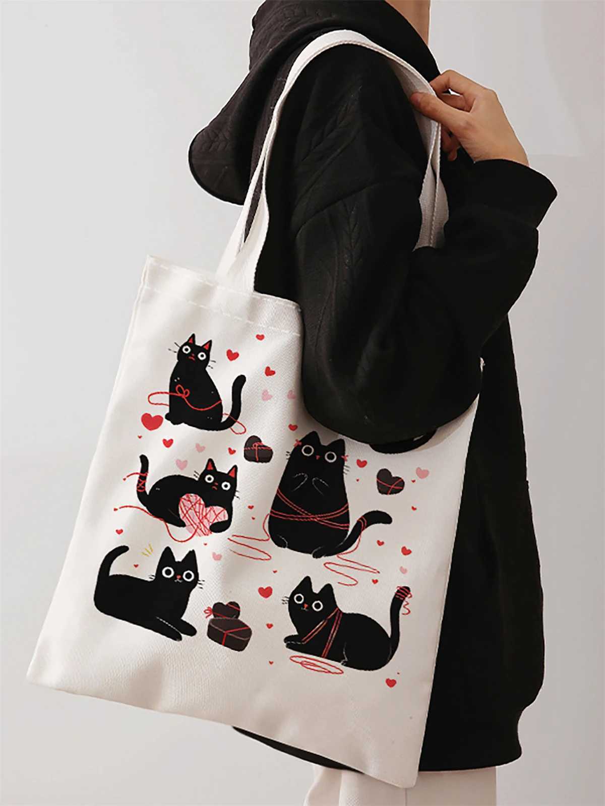 Black cat pattern printed casual handbag reusable fashionable backpack multifunctional handbag canvas shopping bagT251007