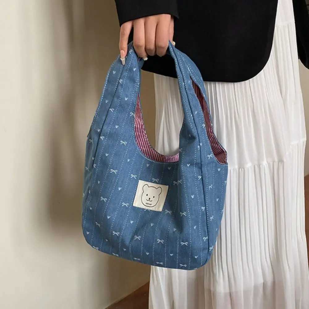 Fashion Korean Style Denim Bucket Bag Sweet Bowknot Denim Bow Handbag Commuting Leisure Cute Wrist Bag StreetwearT251007