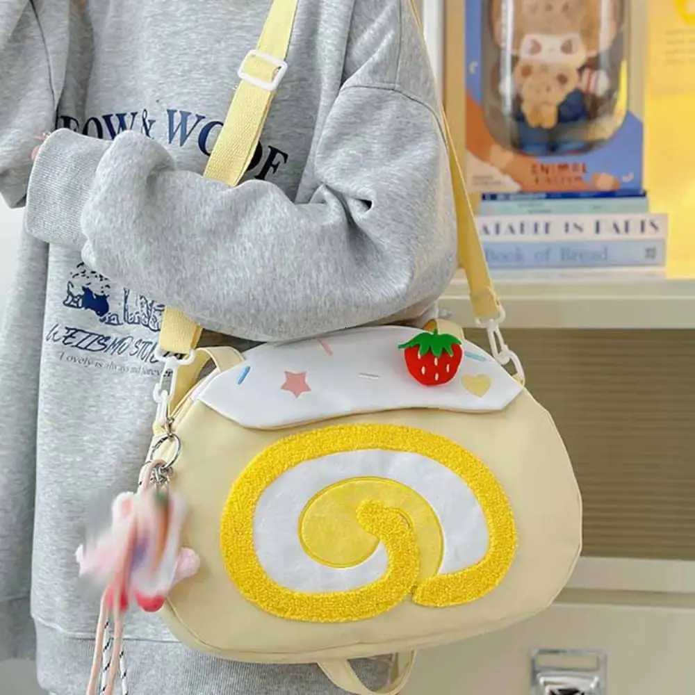 Creative Swiss Roll Strawberry Cake Bag Large Capacity Preppy Style Cartoon Shoulder Bag Plush Toy Doll Crossbody Bag LadyT251007