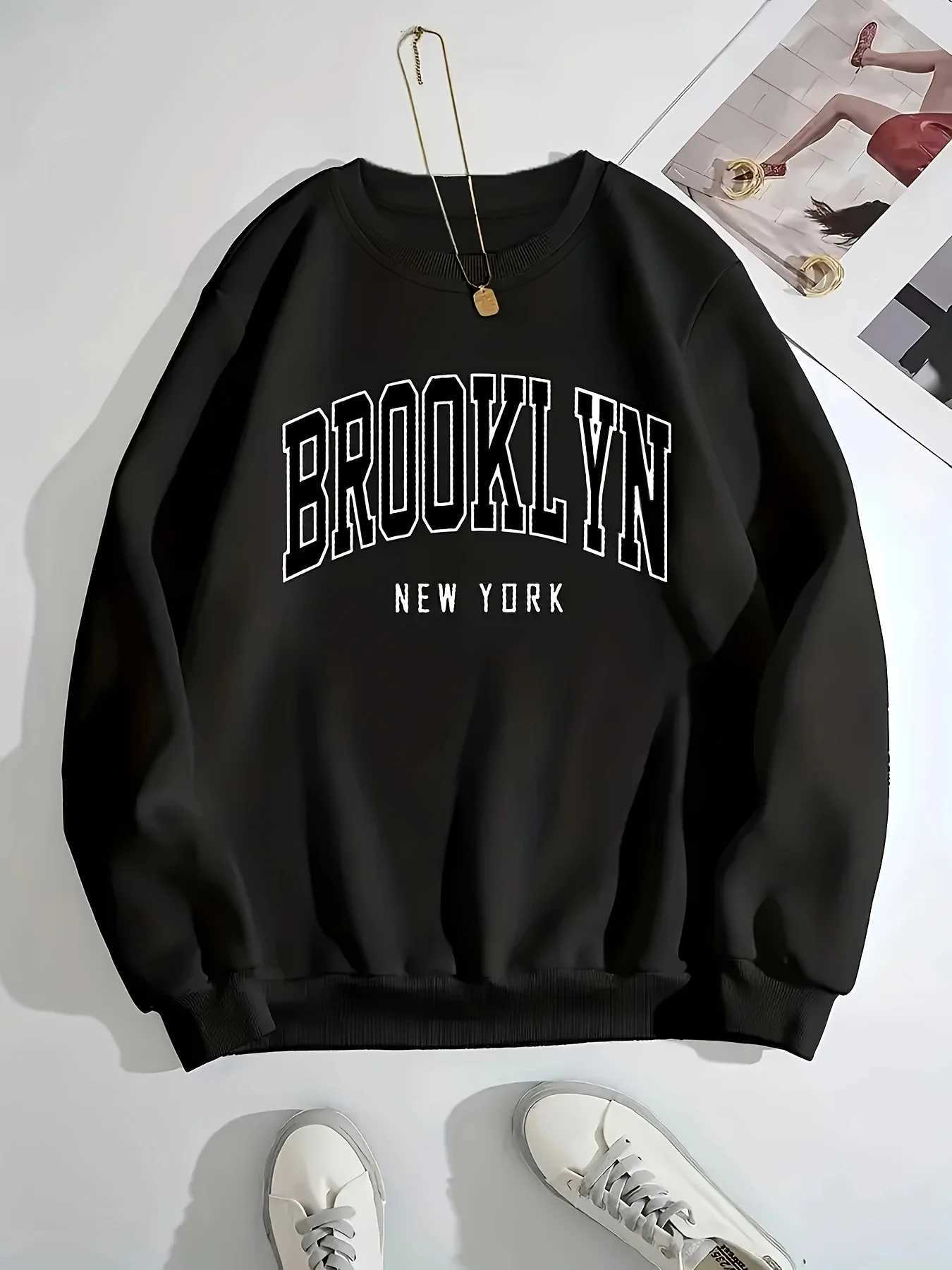 2025 Womens Casual BROOKLYN Print Pullover Sweatshirt Long Sleeve Round Neck Regular Fit for Autumn Winter Women ClothingT251105
