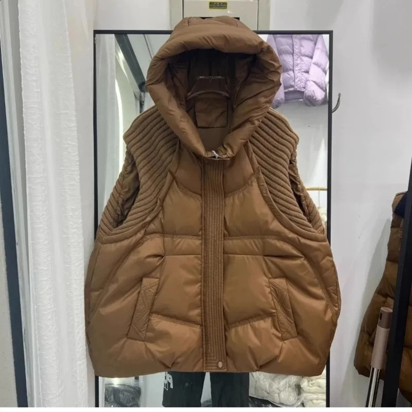 knitted spliced cotton vest jacket for womens autumn and winter fashion short sleeved sleeveless hooded sweatshirt top 240910wtt