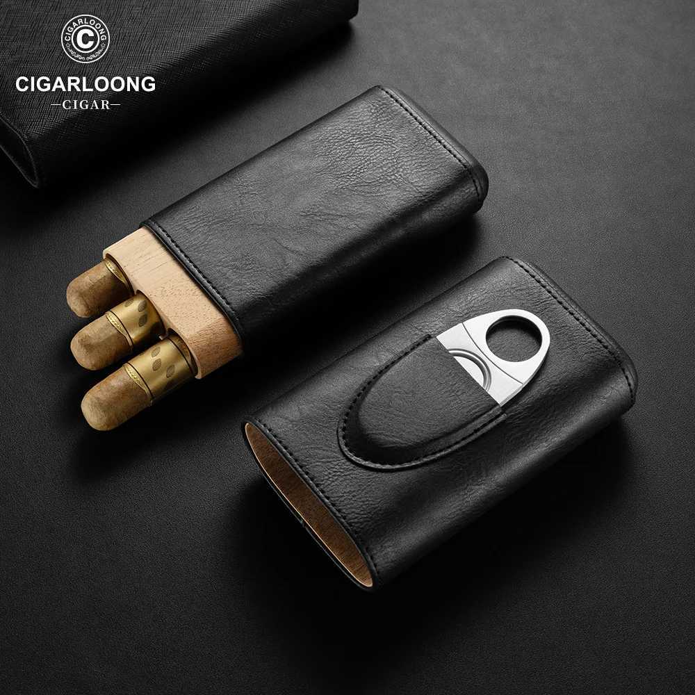 Leather Cigar Case Cedar Wood Lined Portable Cigar Box Holder with Stainless Steel Cigar Cutter Gift Box for 23 Cigars CH24FT1 Y251008