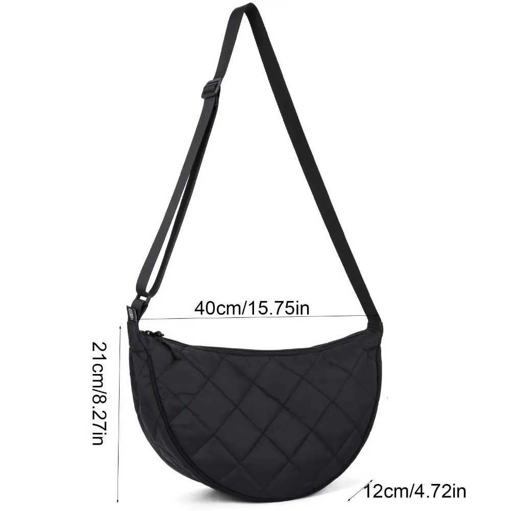 Casual Solid Color Plaid Crossbody Bag Quilted Adjustable Strap Half Moon Bag Padded Allmatch Nylon Shoulder Bag MaleT251007