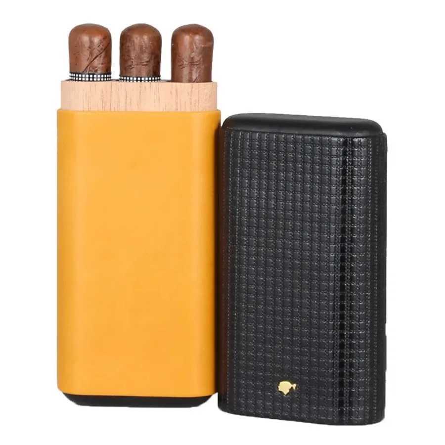 Portable Travel Cigar Humidor Box Holds 3 Cigars Black Leather Cigar Case Cedar Wood Tube Holder Tobacco Box Y251008