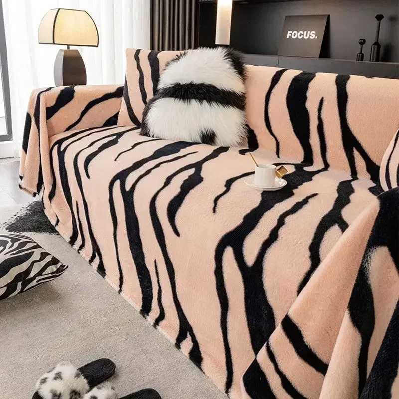 Light Luxury Rabbit Plush Sofa Cover Cloth Thick Anti Slip L Sofa Towel Leopard Print Backrest Autumn Winter Couch Mat Blanket Y251008