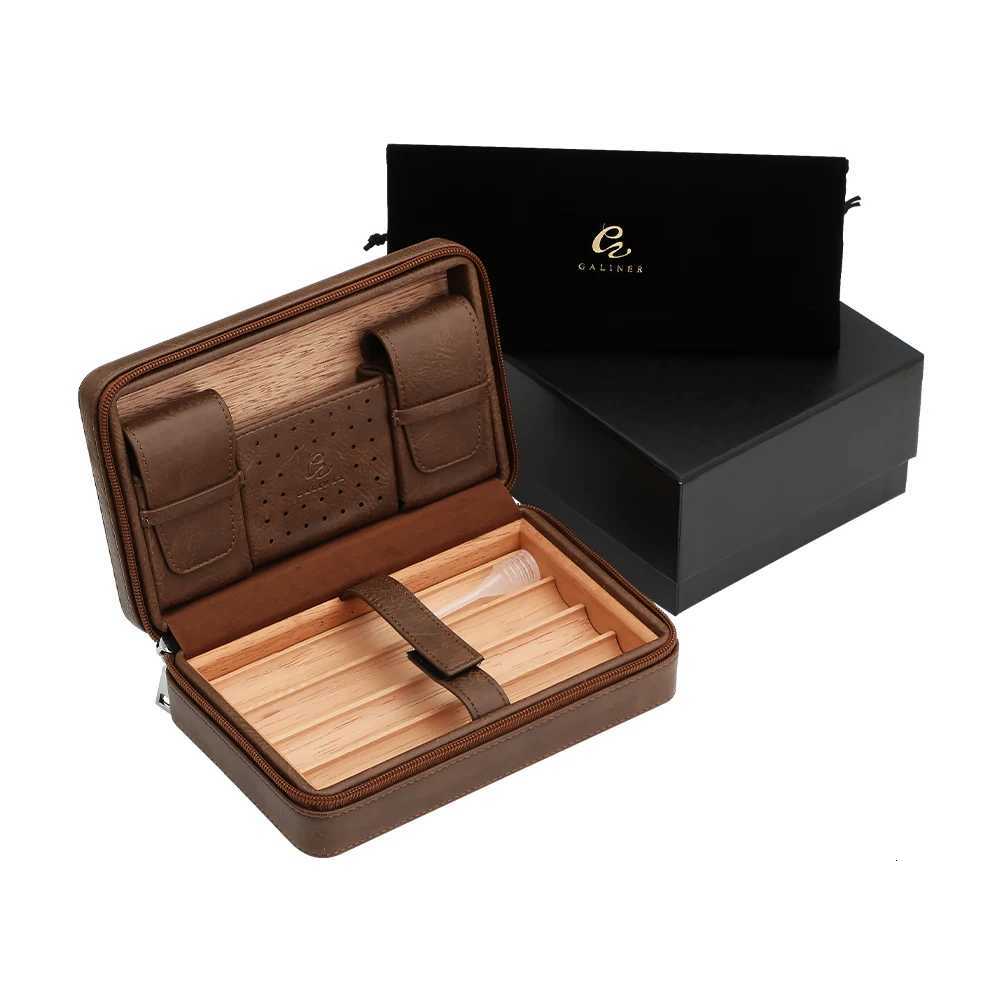 GNER Leather Cigar Humidor Travel Cedar Wood Cigar Case 4 Tube Holder Sigaar Box For Cigars Outdoor Humidor Box Y251008
