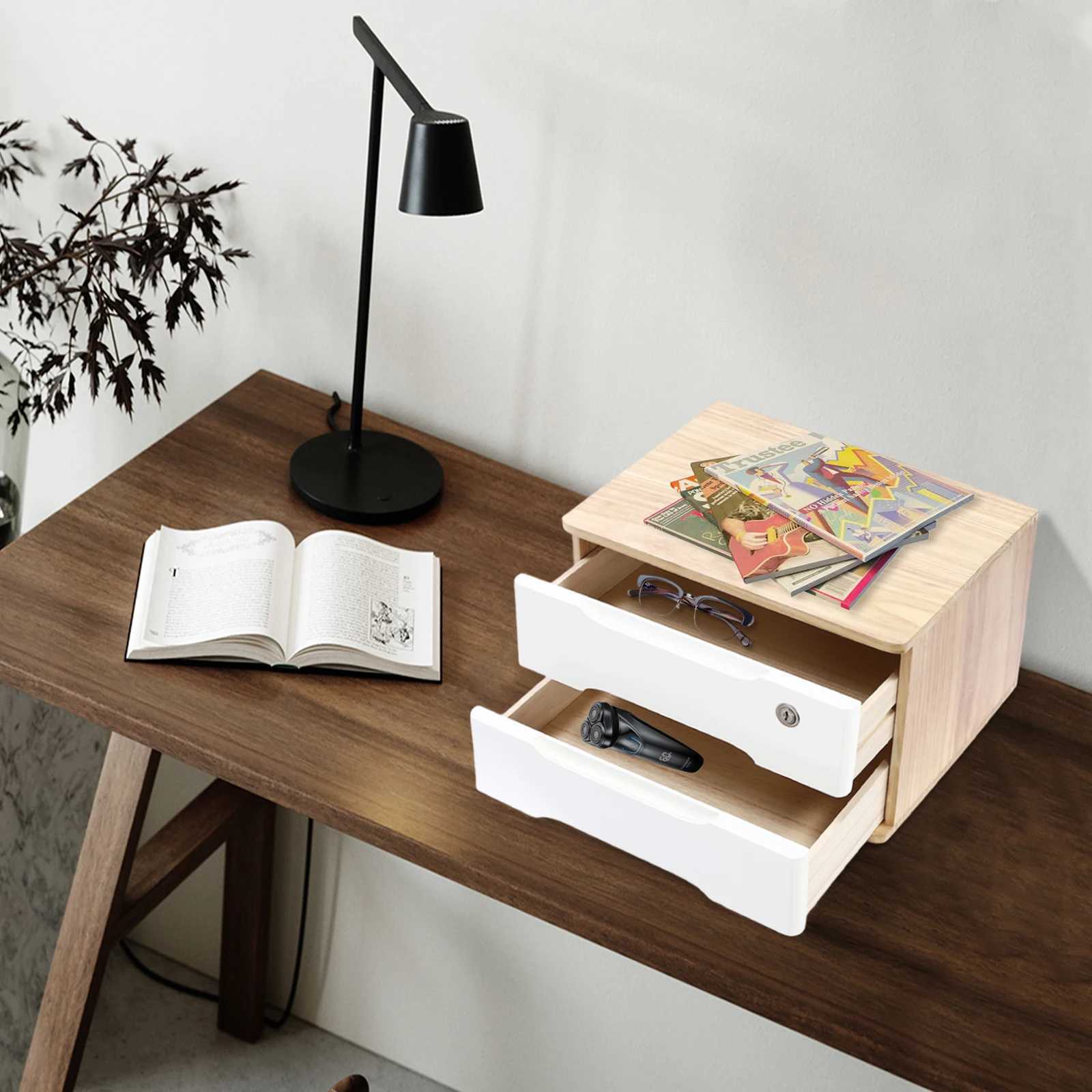 Solid Tung Wood Desktop Organizer with 2 Lockable Drawers 2 Keys Modern Rectangular Storage Box for Office Bedroom Dresser C251008