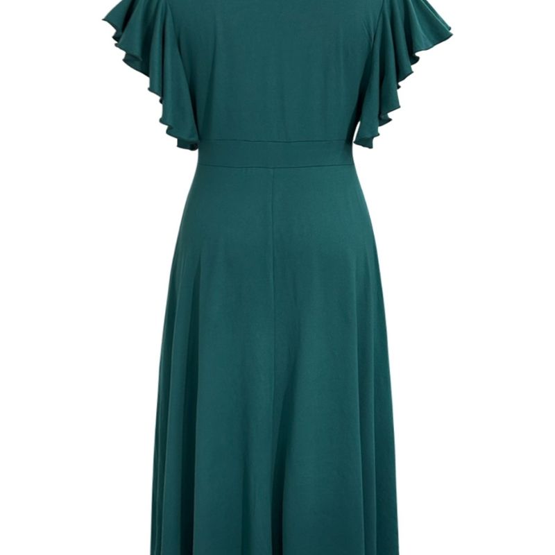 Women's Plus Size French Style Dress Peacock Green Milk Silk V-Neck Flounce Sleeve A-Line Dress 1XL-5XL Wholesale-YL25394