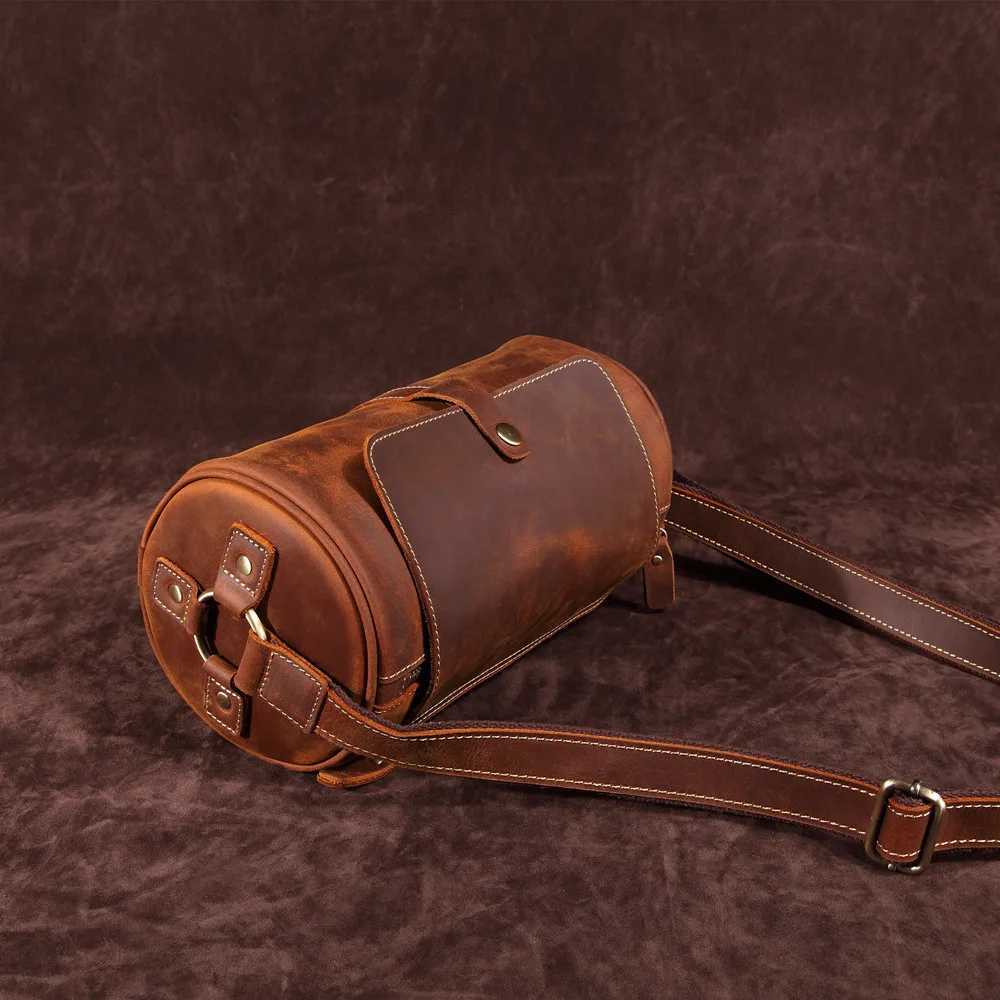 Crazy Horse Leather mens top layer cowhide cylinder bag genuine leather retro singleshoulder bag crossbody pillow bagT251007