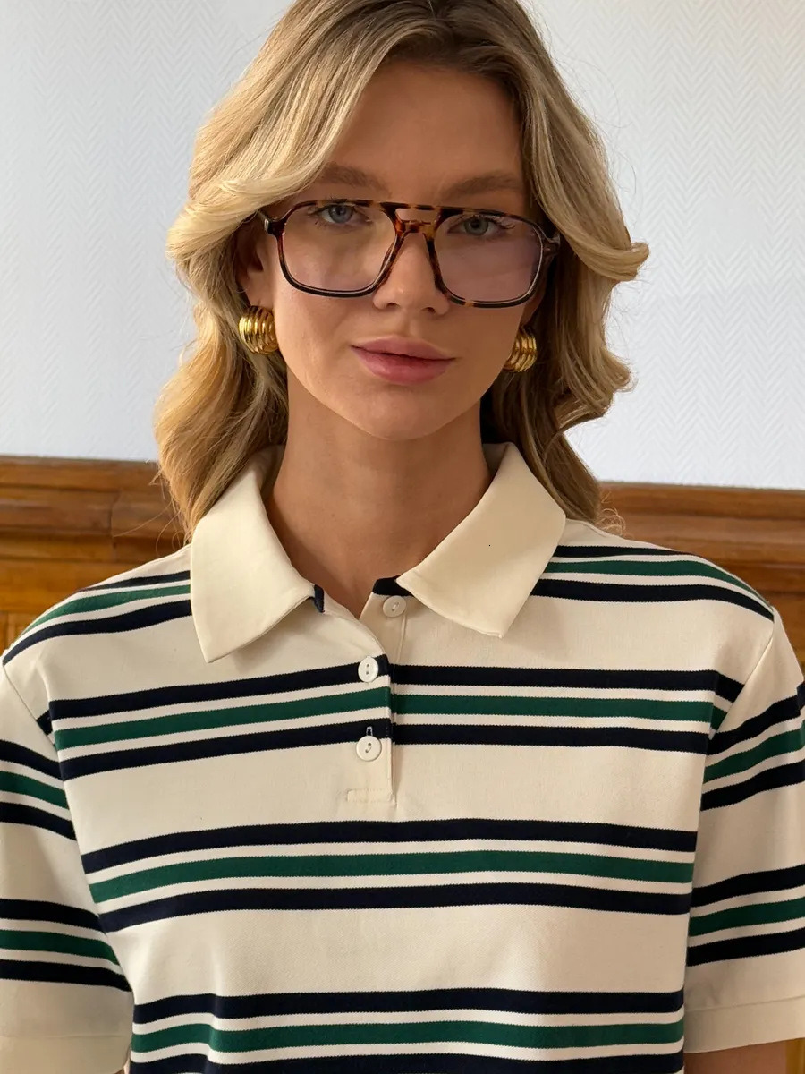 Sumuyoo Women's Retro Striped Polo T-Shirt Loose Fit Short Sleeve Casual Knitted Shirt Fashionable Summer Top for Ladies dongdumaoyi