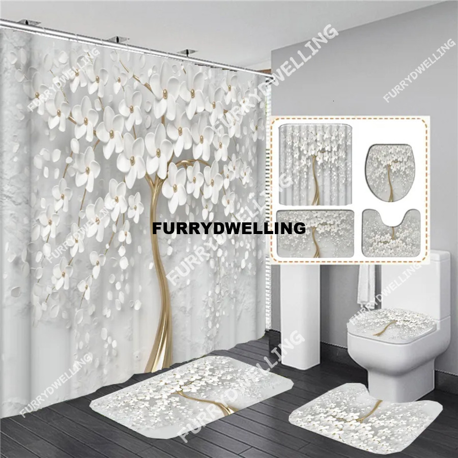 Curtains Elegant Bouquet Of Fantastic White Flowers 3D Style Shower Bathroom Curtain With Dwe74 Bath Rug Carpet Set Floral Home Decor 230831