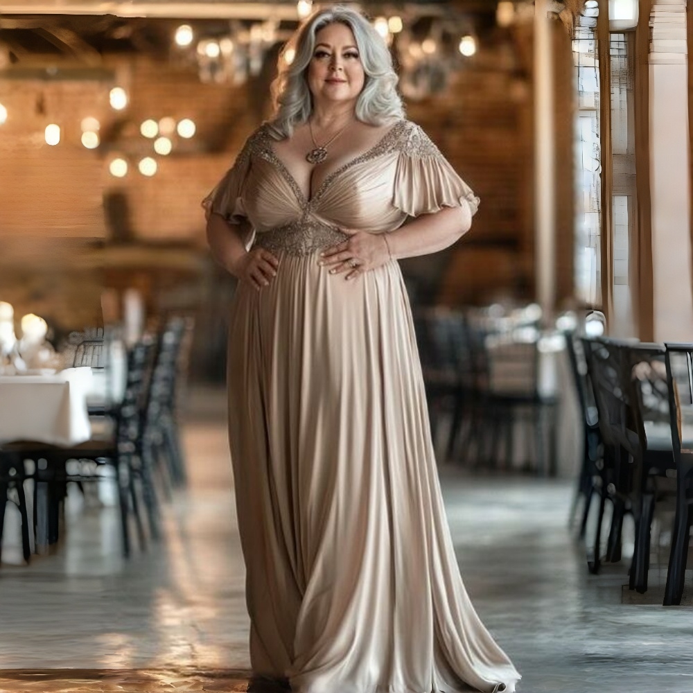 Plus Size Mother Of The Bride Dresses Deep V-Neck Champagne A-Line Satin Long Wedding Guests Party Gowns Short Sleeves Elegant Groom Mom Formal Wear