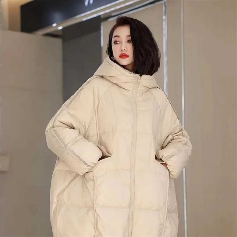 2025 New Winter Women White Duck Down Jacket Hooded Warm Oversize Puffer Coat Female Casual Loose Parkas Pocket OutwearT251105